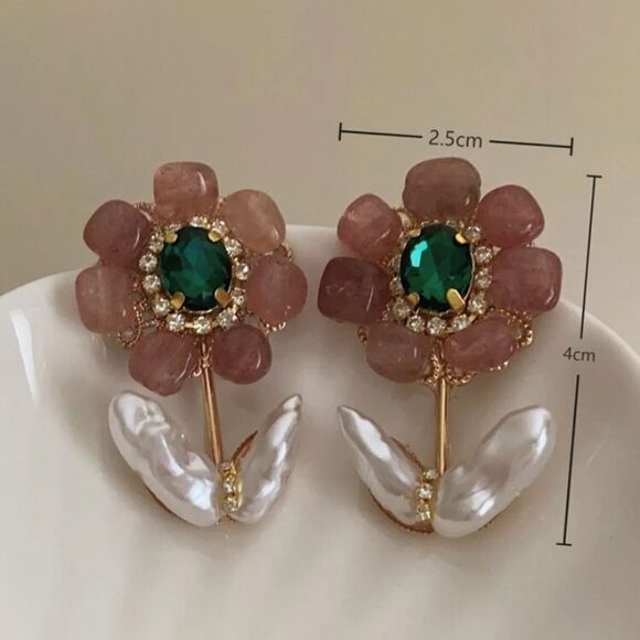 ✨🆕✨ BOHO BOLD Unique Polished Stones Pearl & Flower Design Stud Earrings✨ - Picture 6 of 10